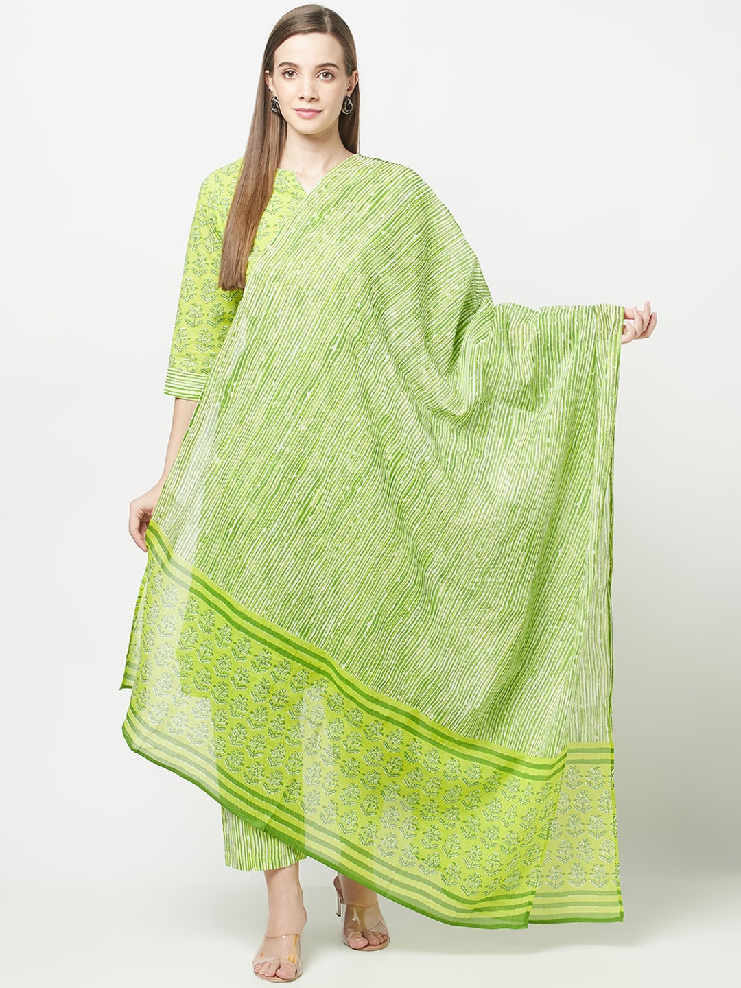 

KALINI Floral Printed Pure Cotton Kurta with Trousers & Dupatta, Green