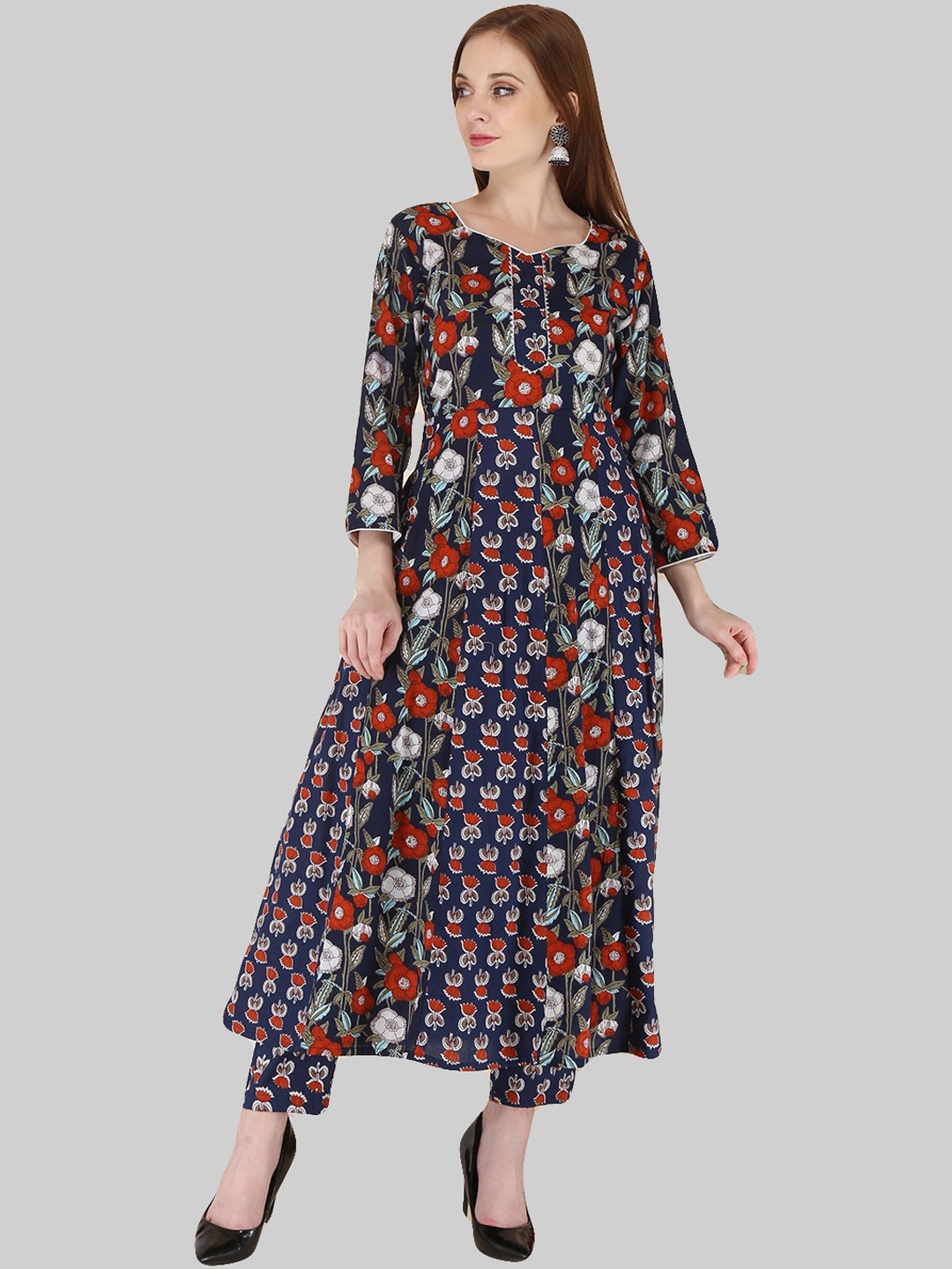 

KALINI Women Floral Printed Round Neck Pure Cotton Kurta with Trousers, Navy blue