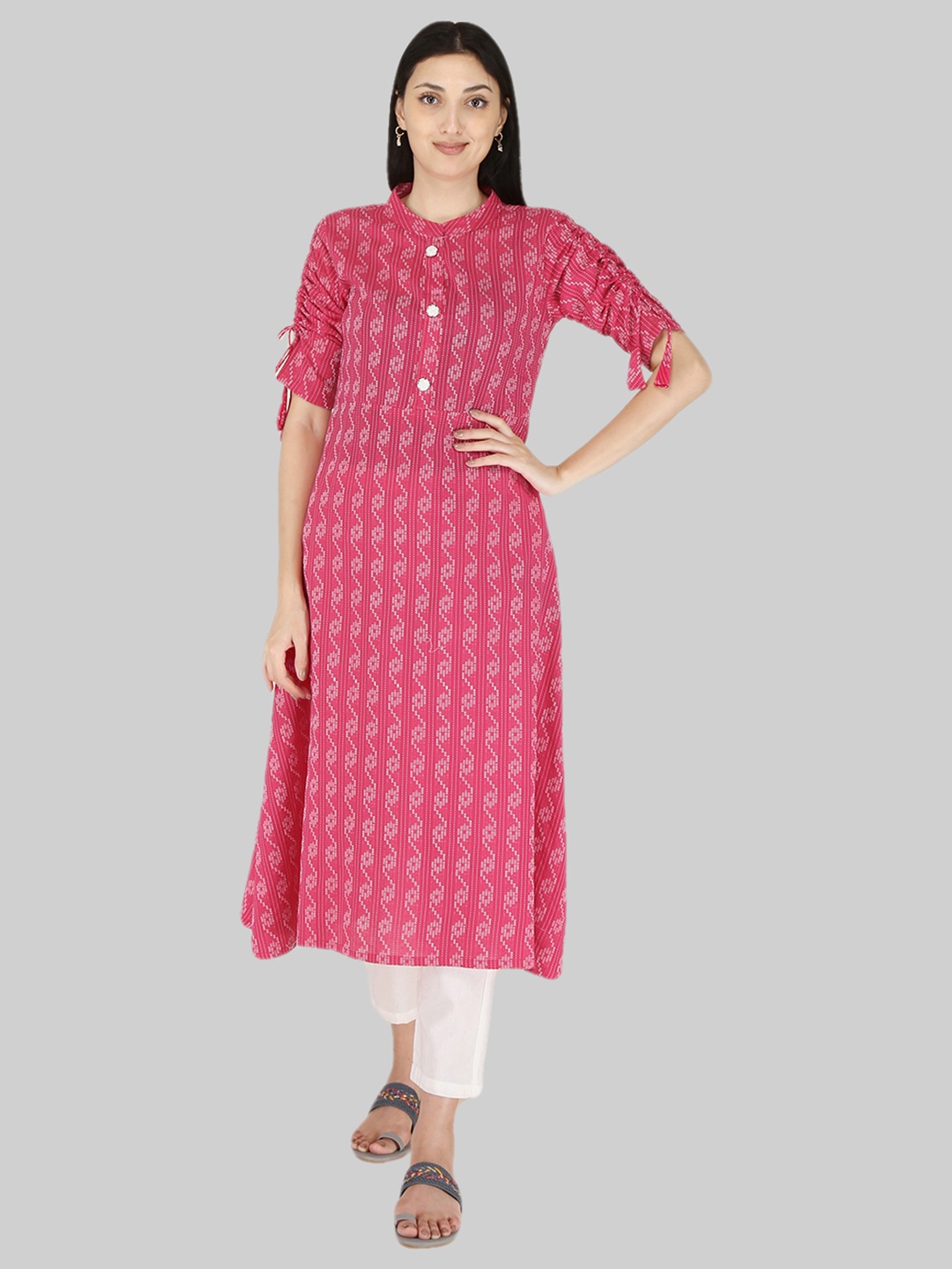 

KALINI Geometric Woven Design Mandarin Collar Pure Cotton Kurta, Pink