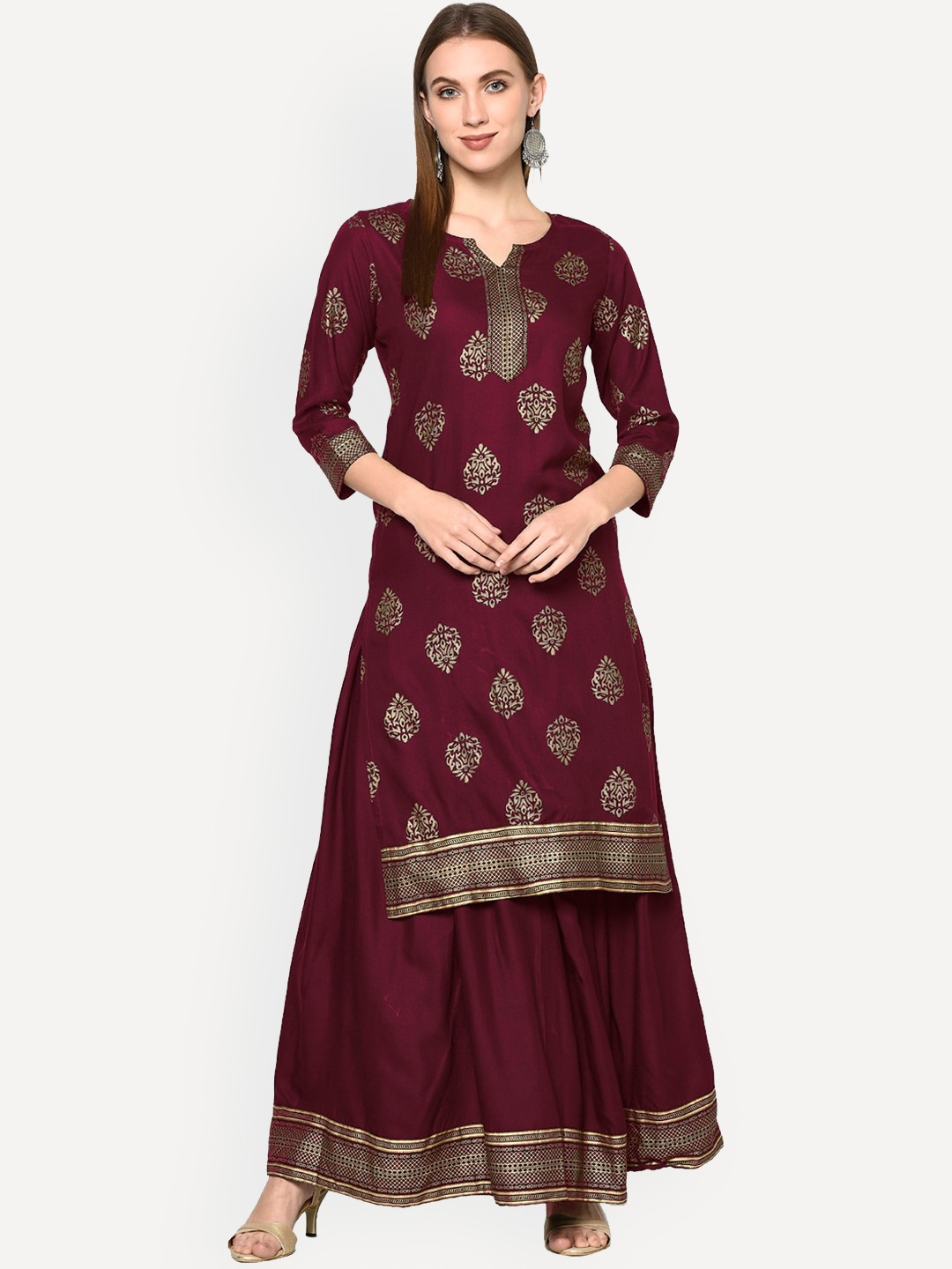 

KALINI Floral Printed Round Neck Kurta with Skirt, Magenta