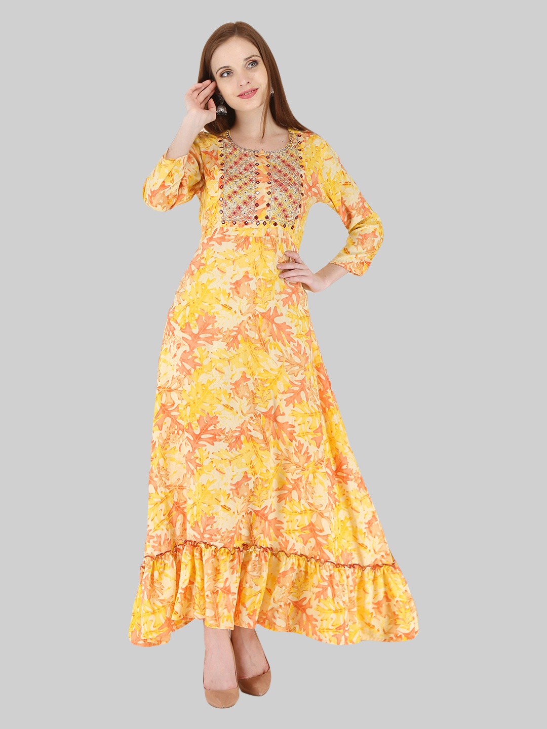 

KALINI Floral Printed Mirror Work Round Neck Anarkali Kurta, Yellow
