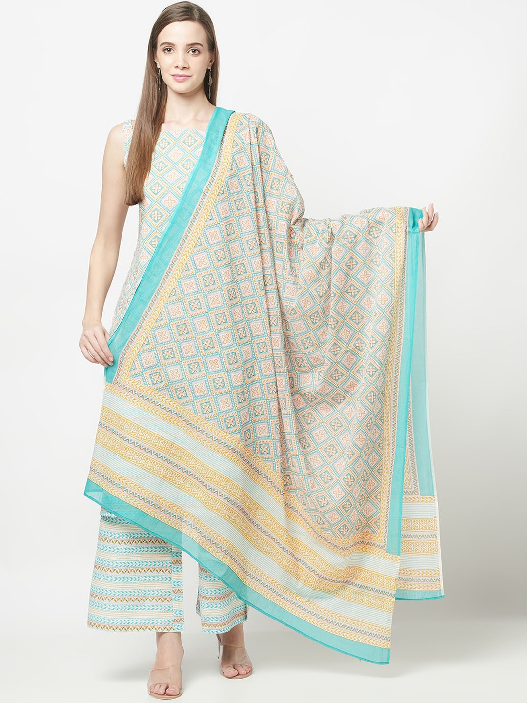 

KALINI Floral Printed Pure Cotton Kurta with Palazzos & Dupatta, Off white