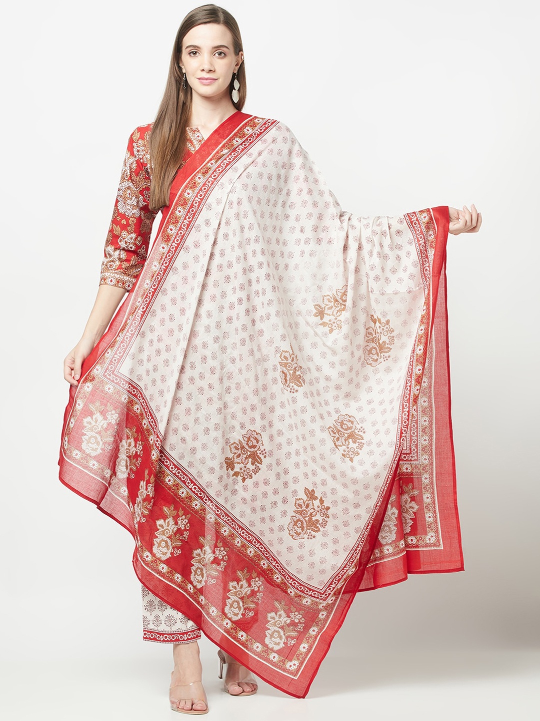 

KALINI Floral Printed Pure Cotton Kurta with Trousers & Dupatta, Red