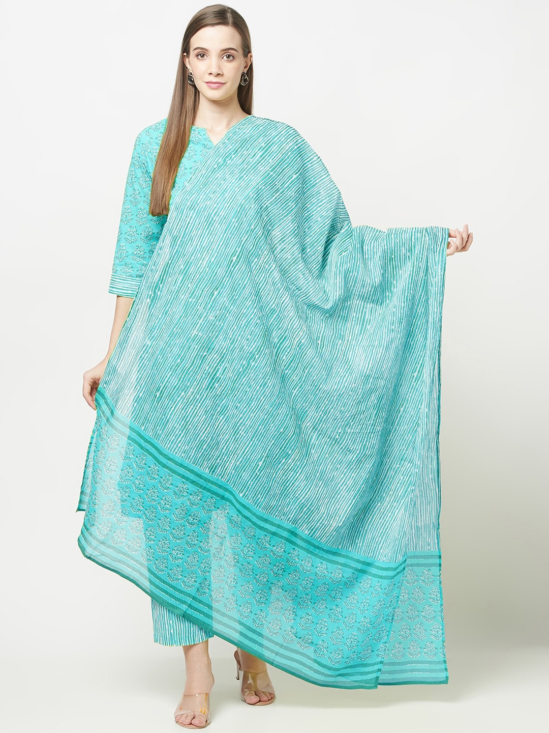 

KALINI Floral Printed Pure Cotton Kurta with Trousers & Dupatta, Blue