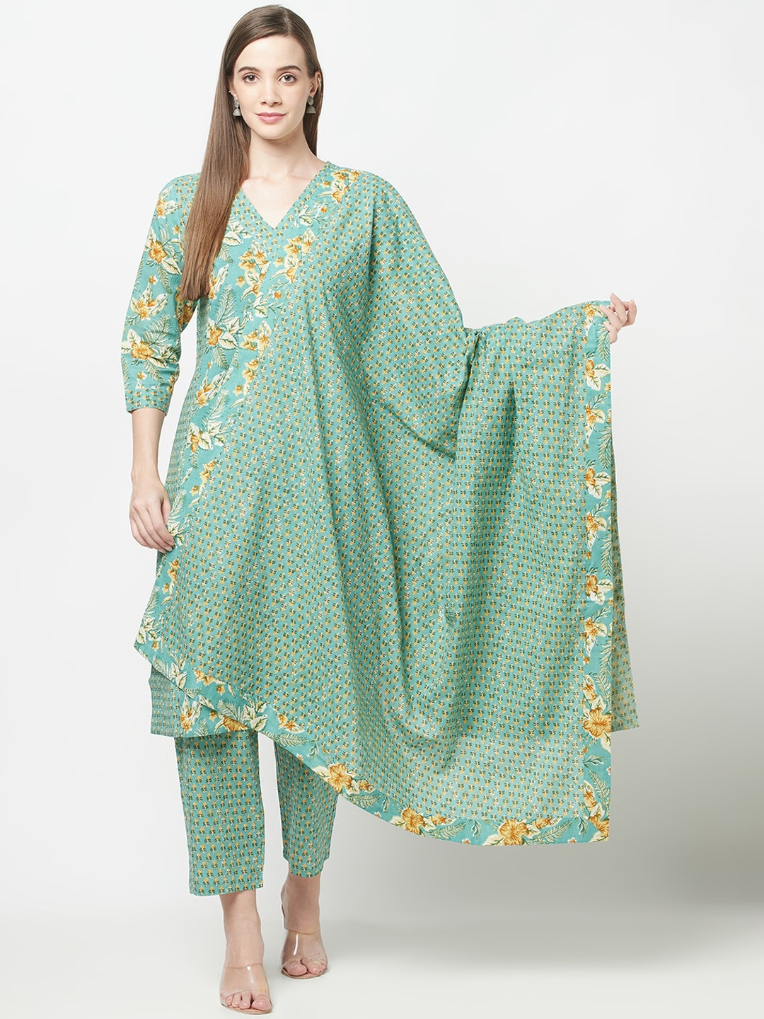 

KALINI Floral Printed Pure Cotton Kurta with Trousers & Dupatta, Green