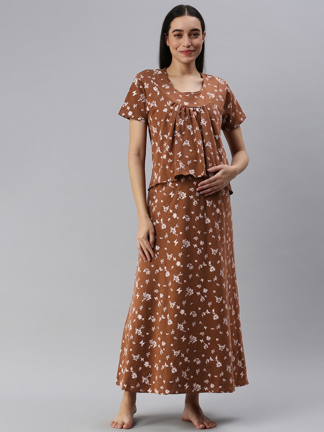 

Nejo Printed Cotton Maternity Maxi Nightdress, Coffee brown