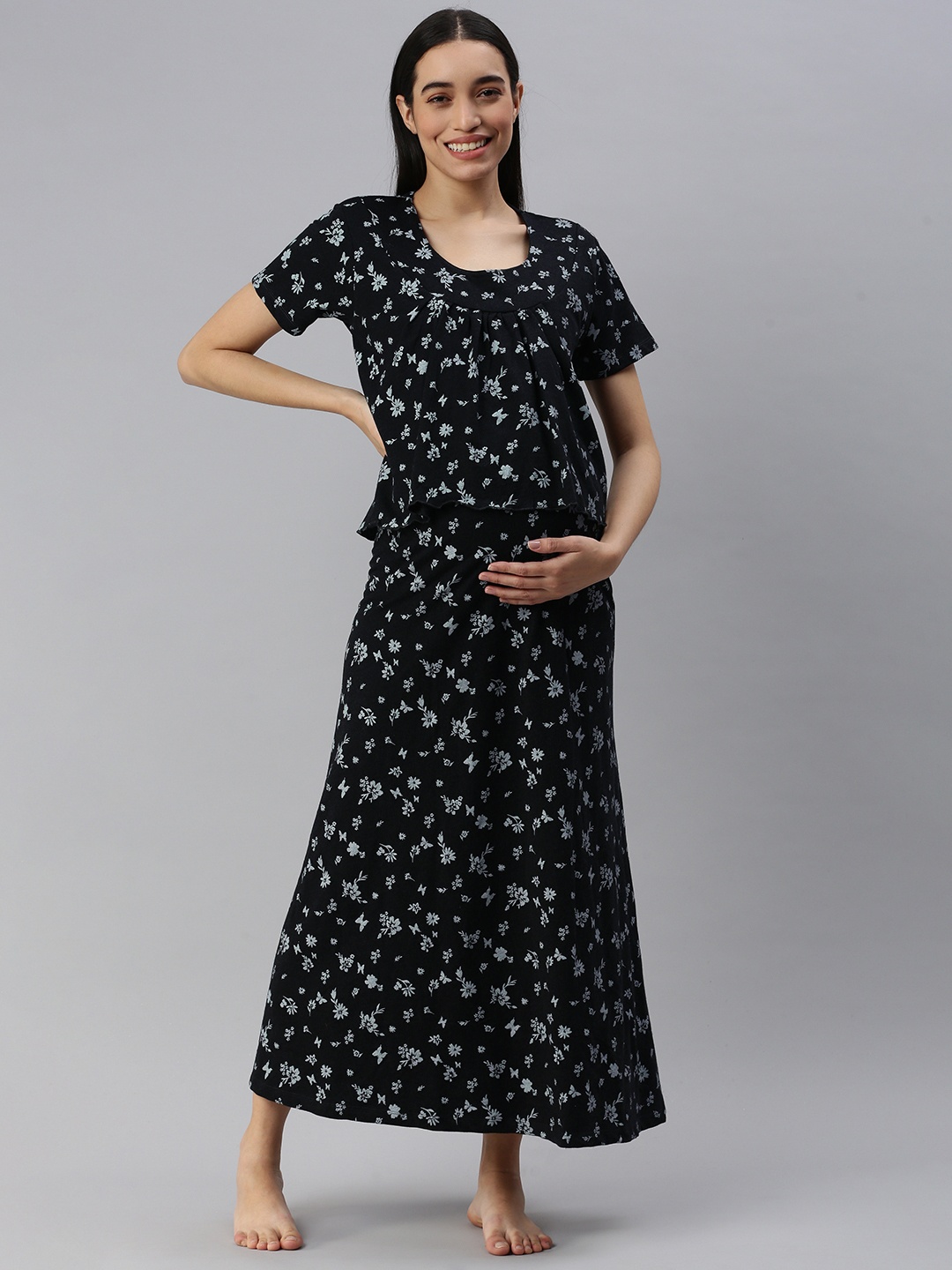 

Nejo Printed Cotton Maternity Maxi Nightdress, Black