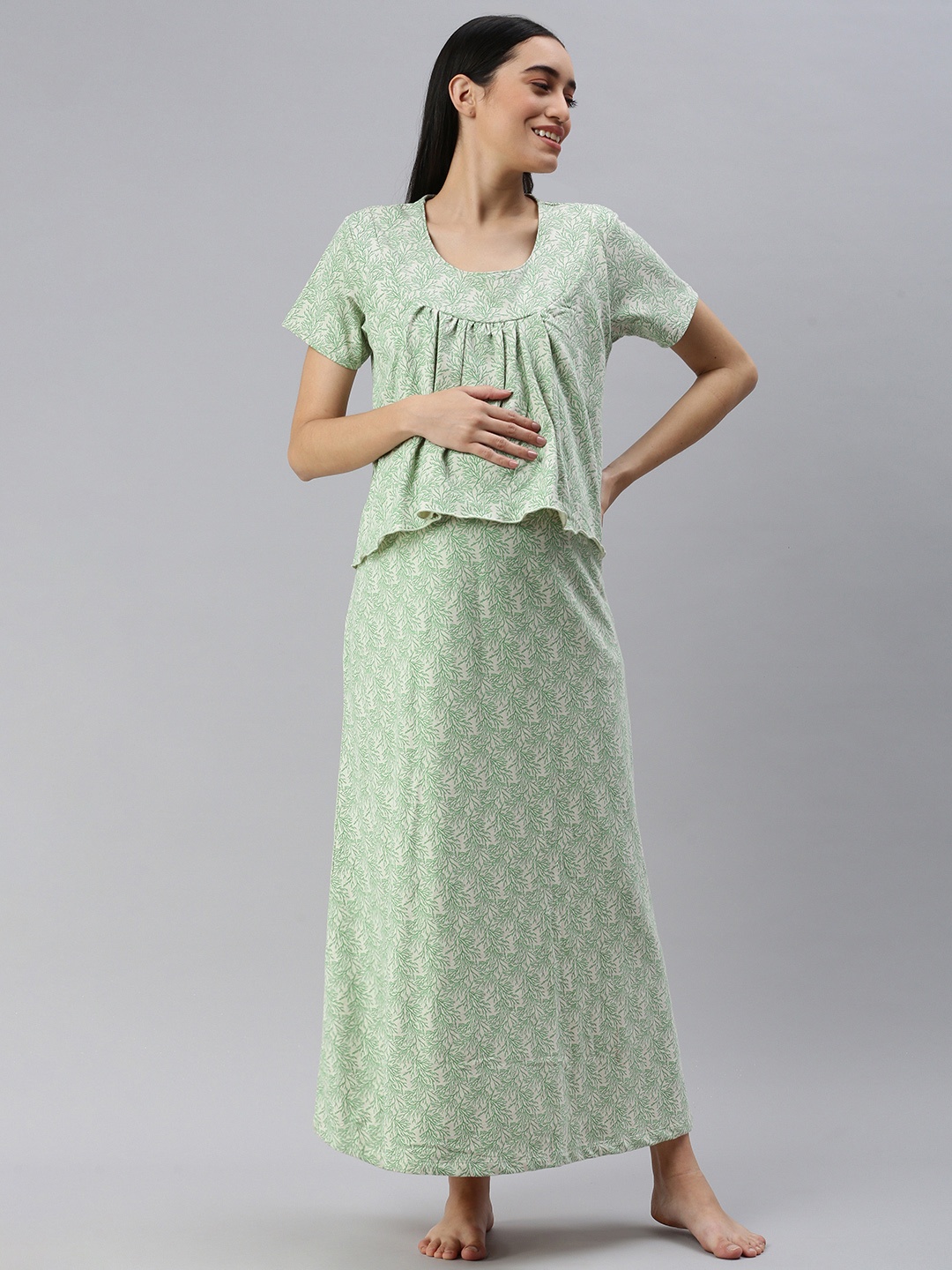 

Nejo Printed Cotton Maternity Maxi Nightdress, Green