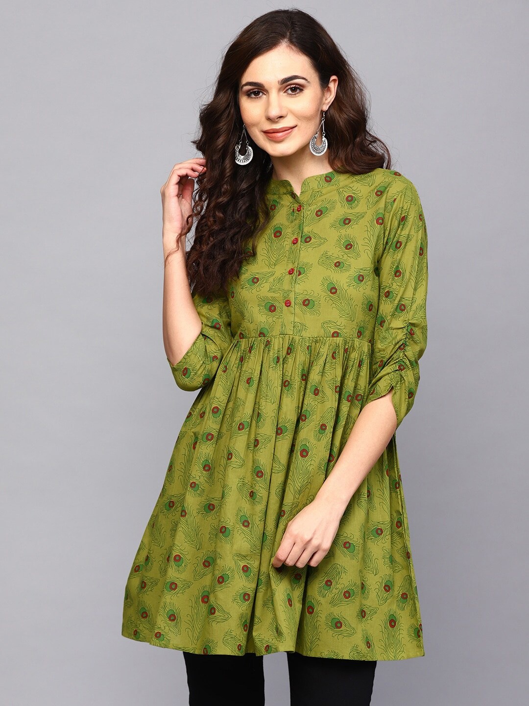 

antaran Mandarin Collar Printed Tunic, Green