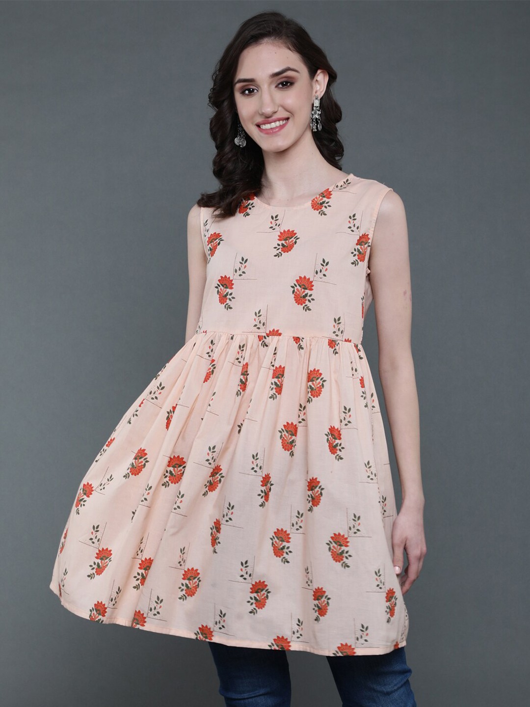 

antaran Floral Printed Cotton Tunic, Peach