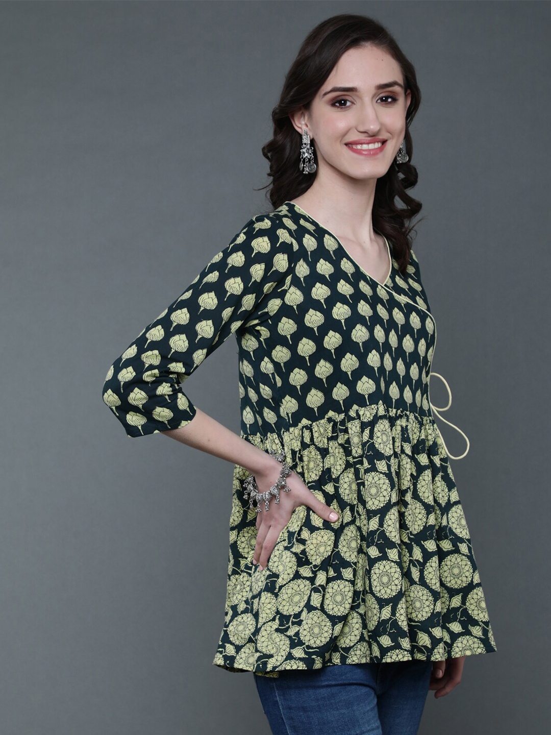 

antaran Floral Printed Cotton Tunic, Green