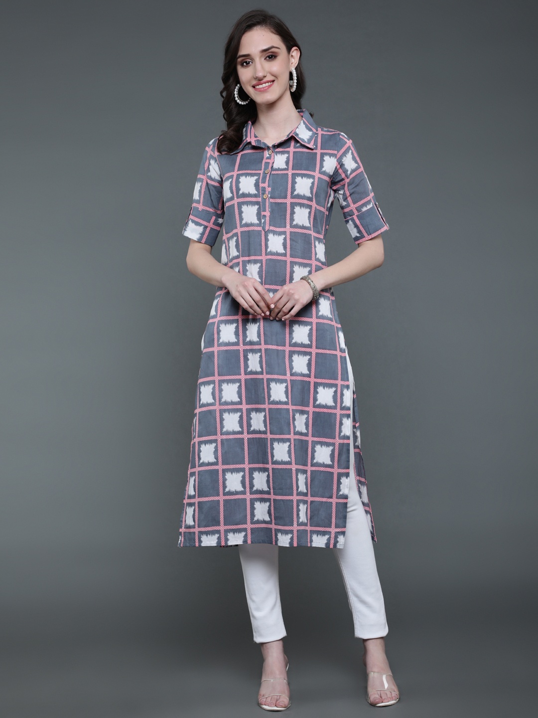 

antaran Women Checked Pathani Shirt Collar Cotton Kurta, Grey