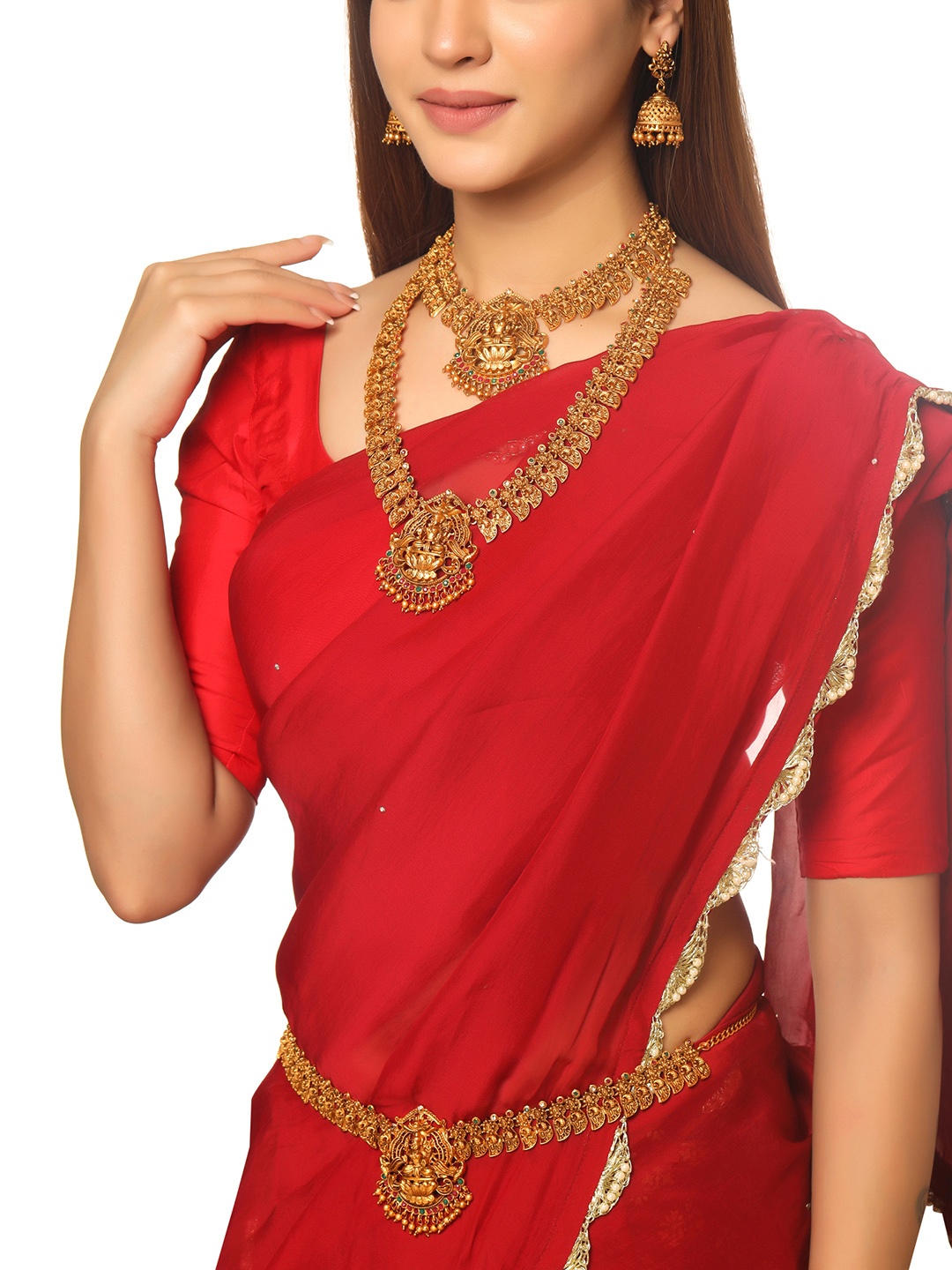 

Yellow Chimes Studded Temple Bridal Choker Necklace with Long Necklace Kamarbandh Set, Gold