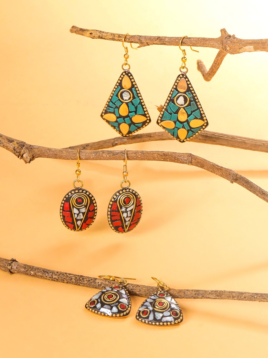 

Yellow Chimes Set Of 3 Silver Plated Contemporary Drop Earrings, Red