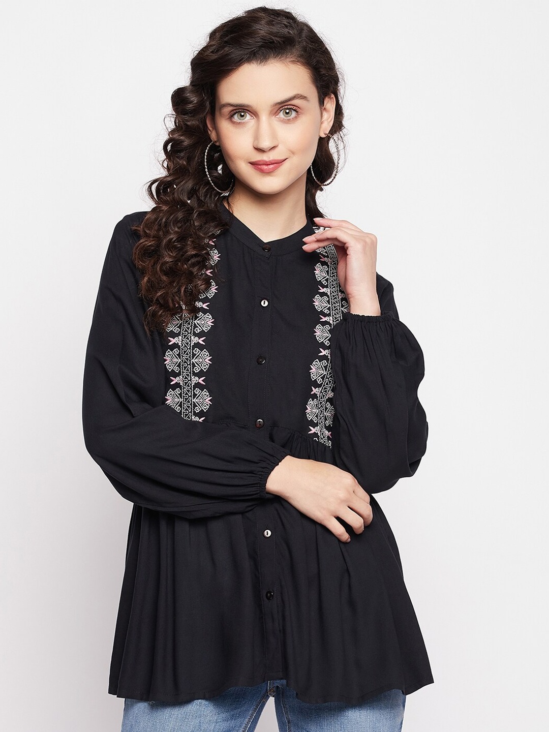 

Ruhaans Mandarin Collar Embroidered Tunic, Black