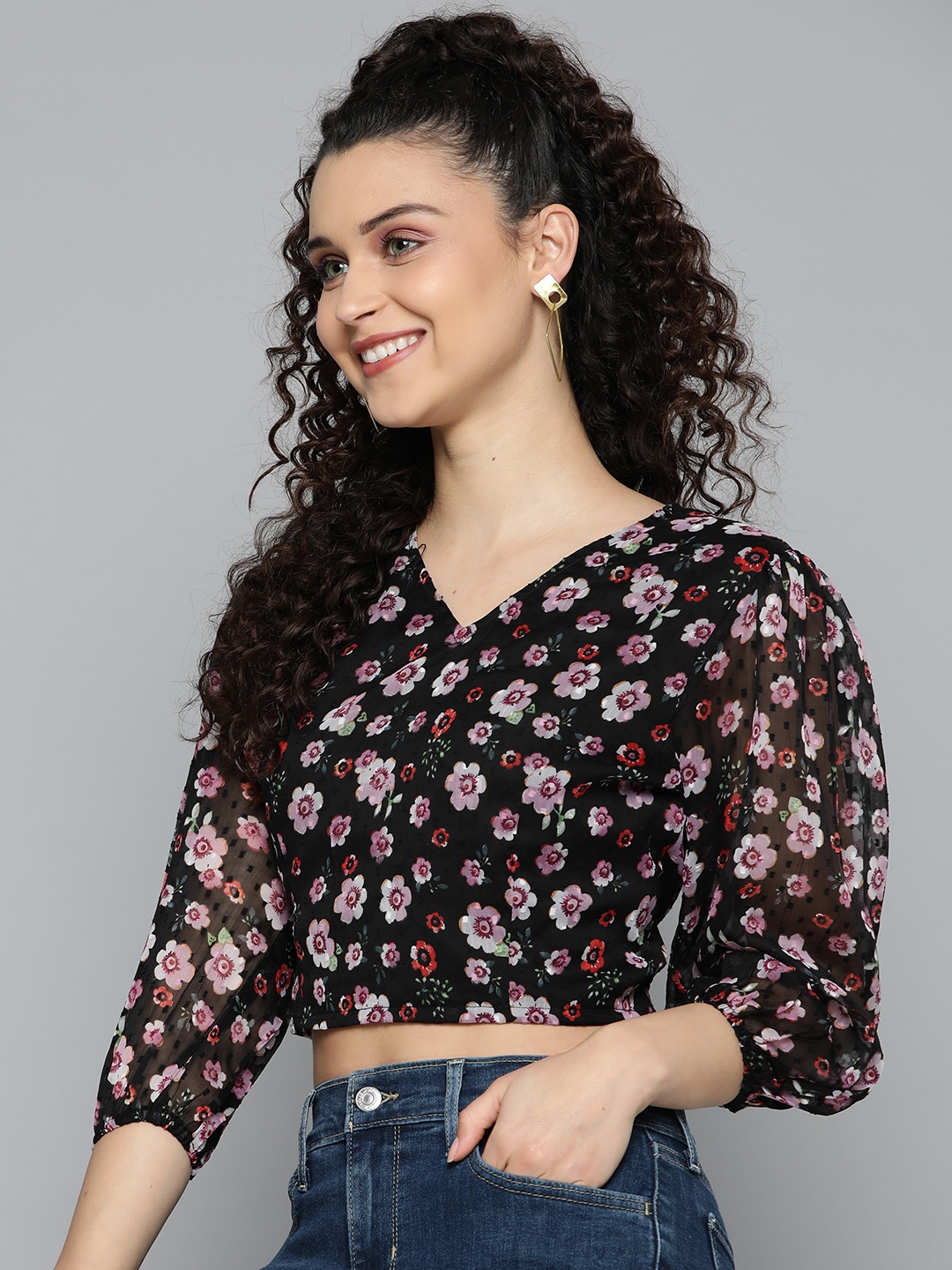 

HERE&NOW Floral Printed Crop Top, Black