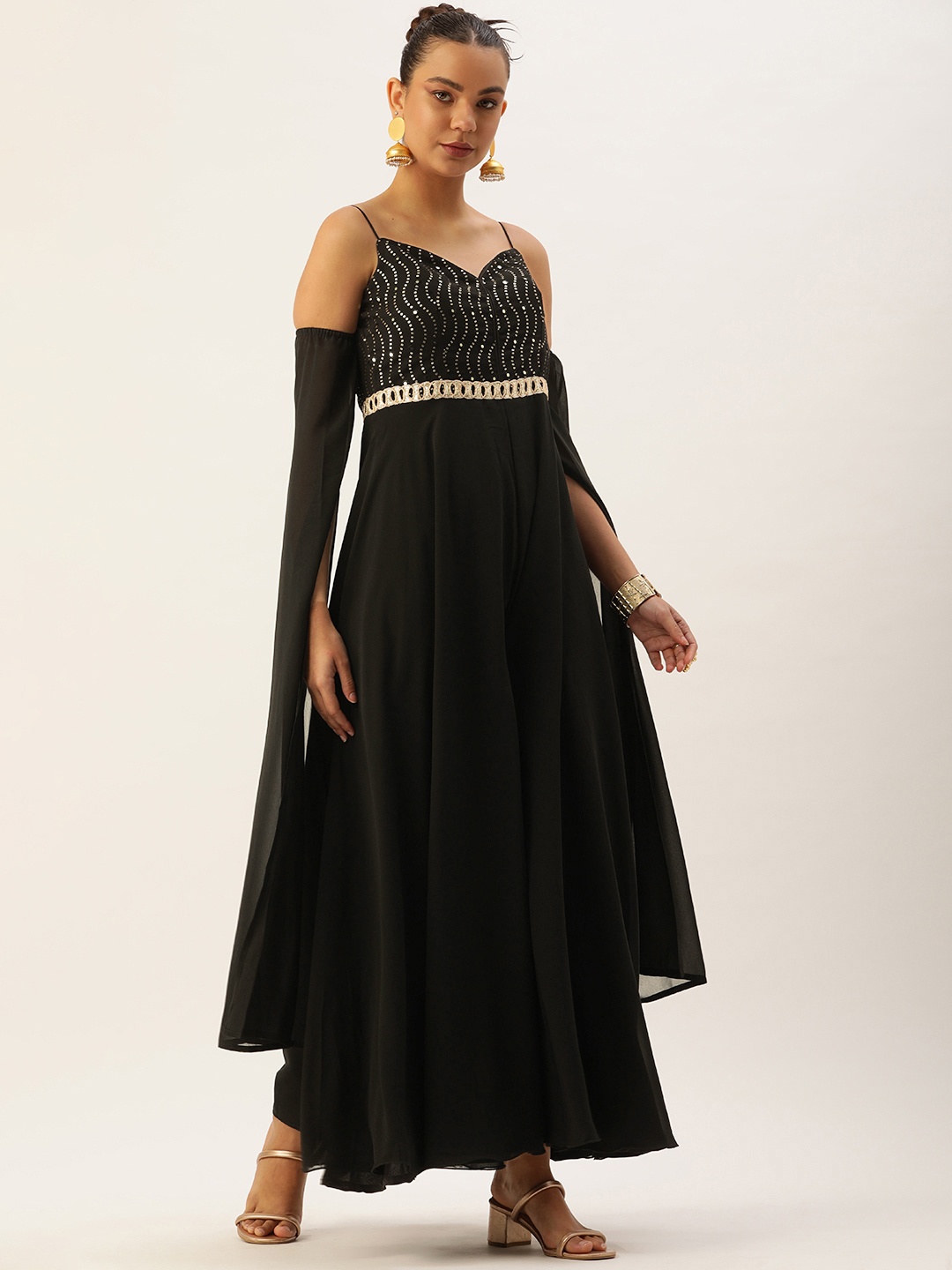 

Ethnovog Embellished Culotte Jumpsuit With Detachable Sleeves, Black