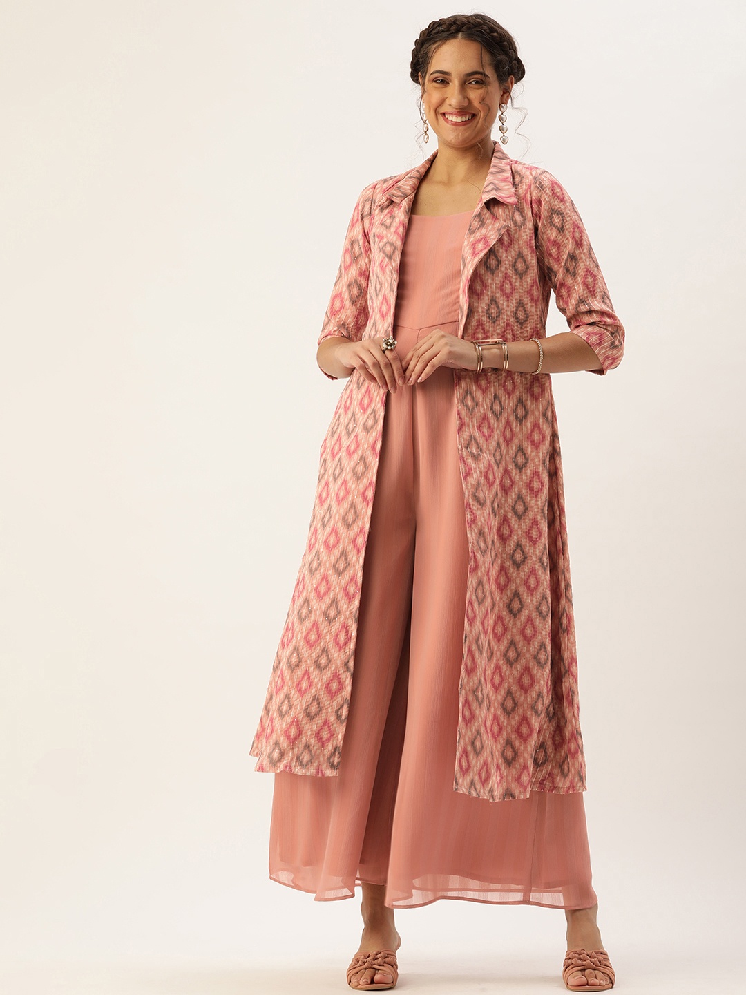 

Ethnovog Culotte Jumpsuit With Printed Coat, Peach