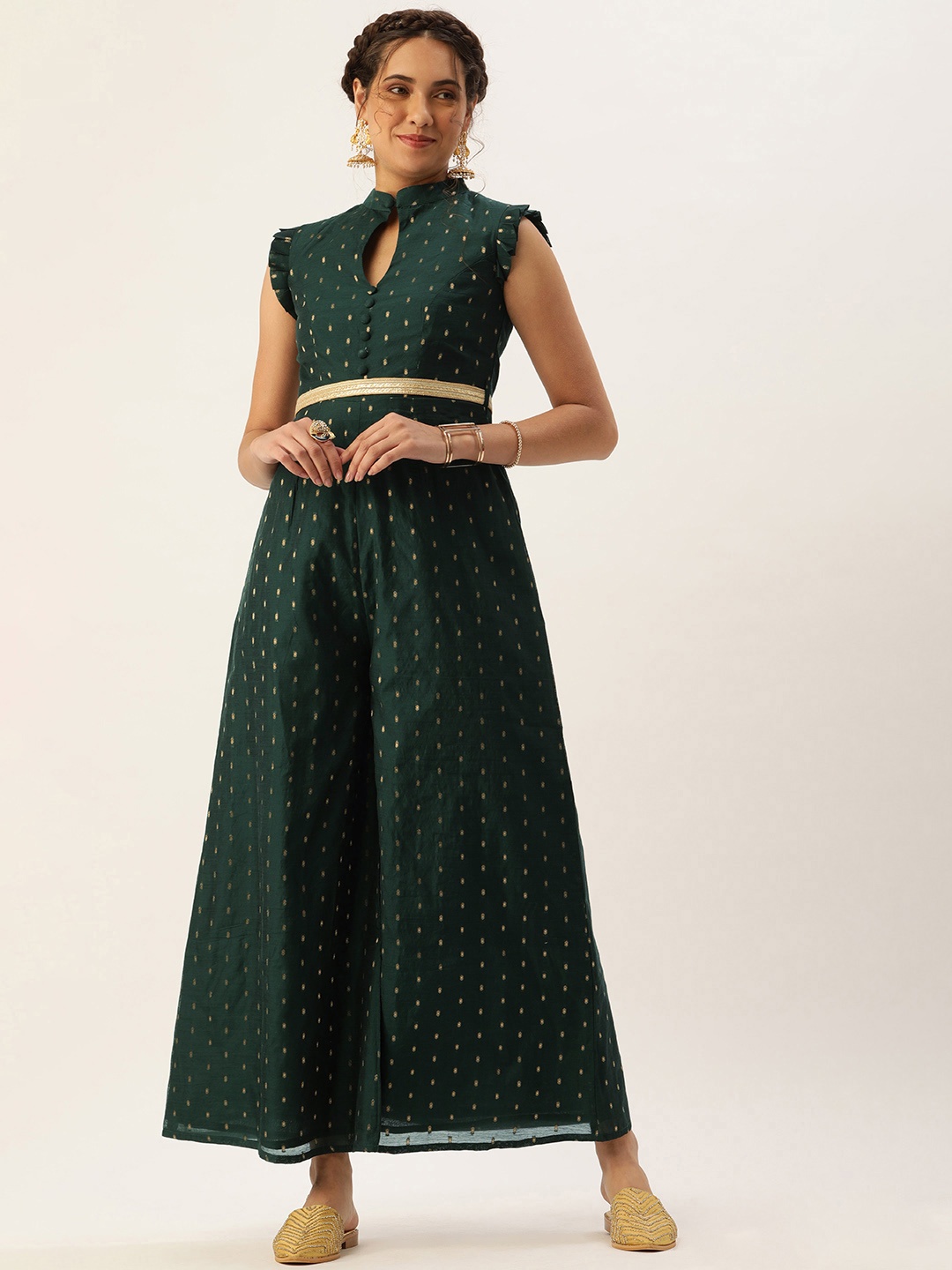 

Ethnovog Keyhole Neck Culotte Jumpsuit With Belt, Green