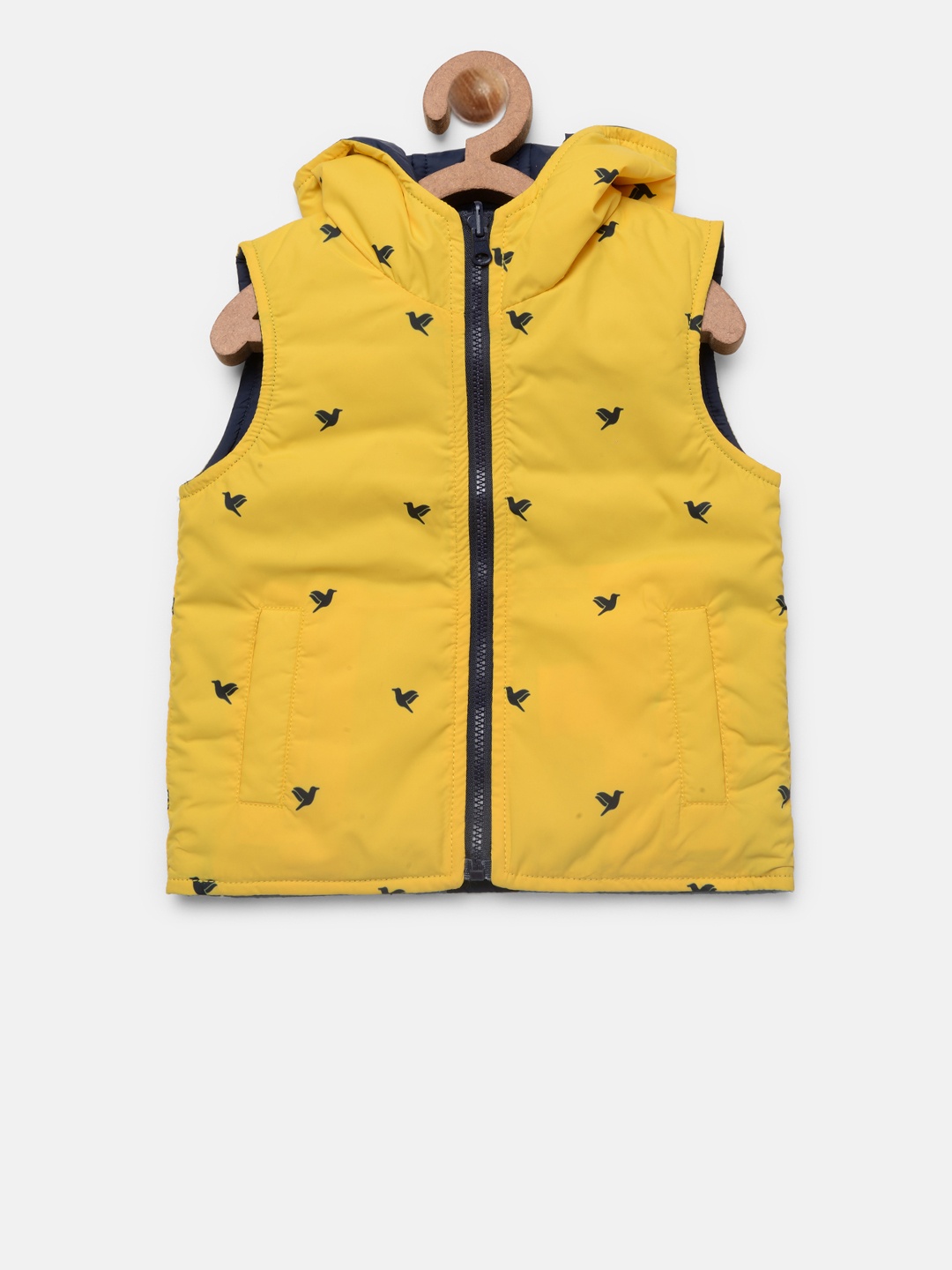 

612 league Boys Yellow & Navy Printed Reversible Hooded Padded Jacket