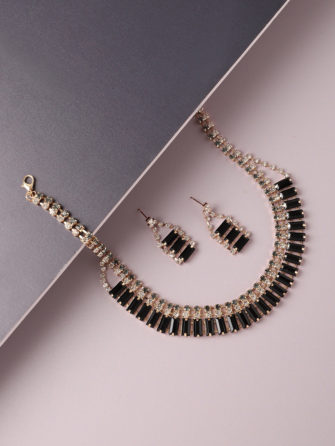 

SOHI Gold-Plated Stone Studded Party Necklace and Earring Set, Black