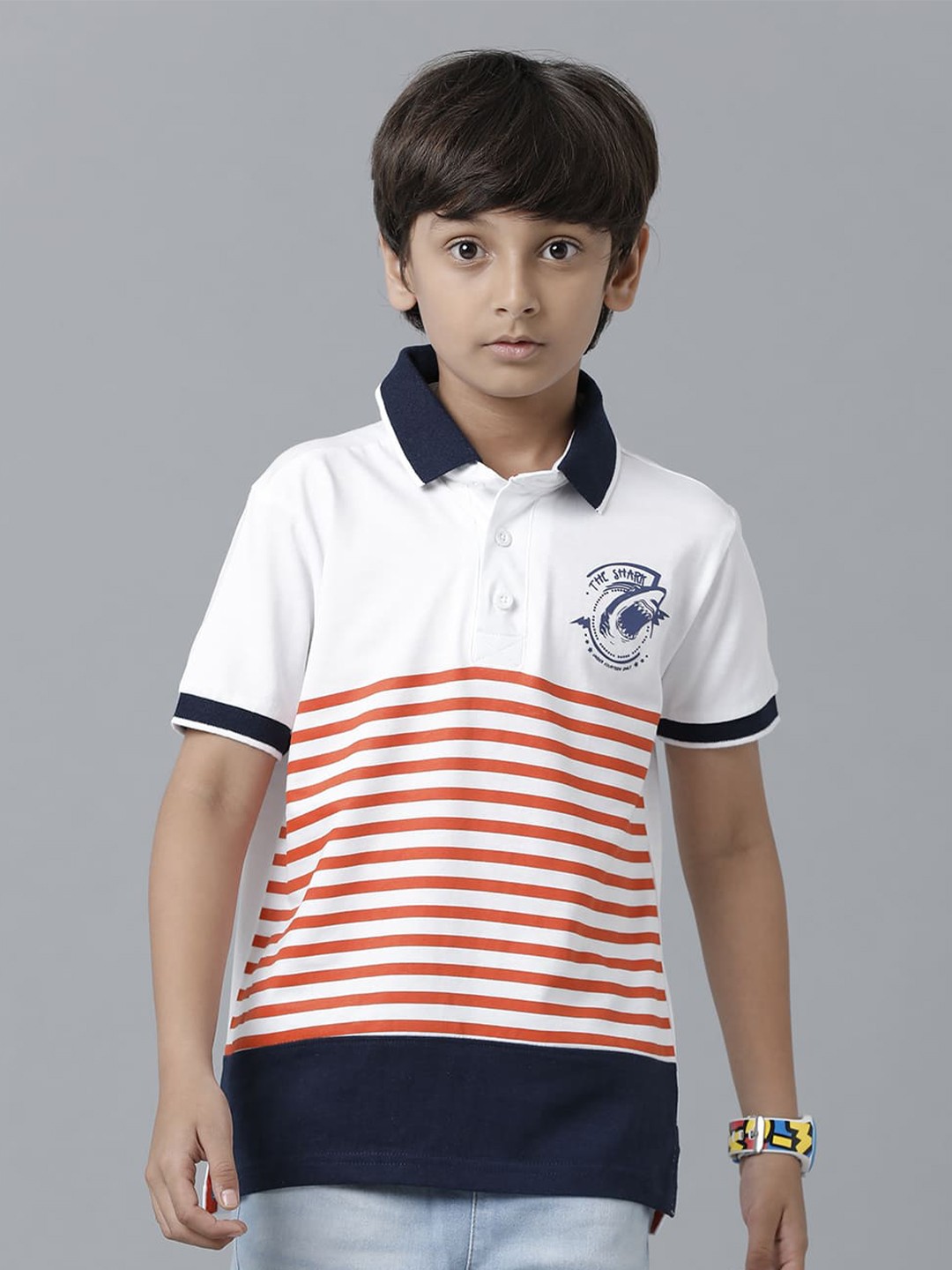 

UNDER FOURTEEN ONLY Boys Striped Polo Collar Cotton T-shirt, Navy blue