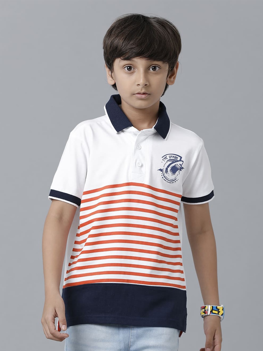 

UNDER FOURTEEN ONLY Boys Striped Polo Collar Cotton T-shirt, Navy blue