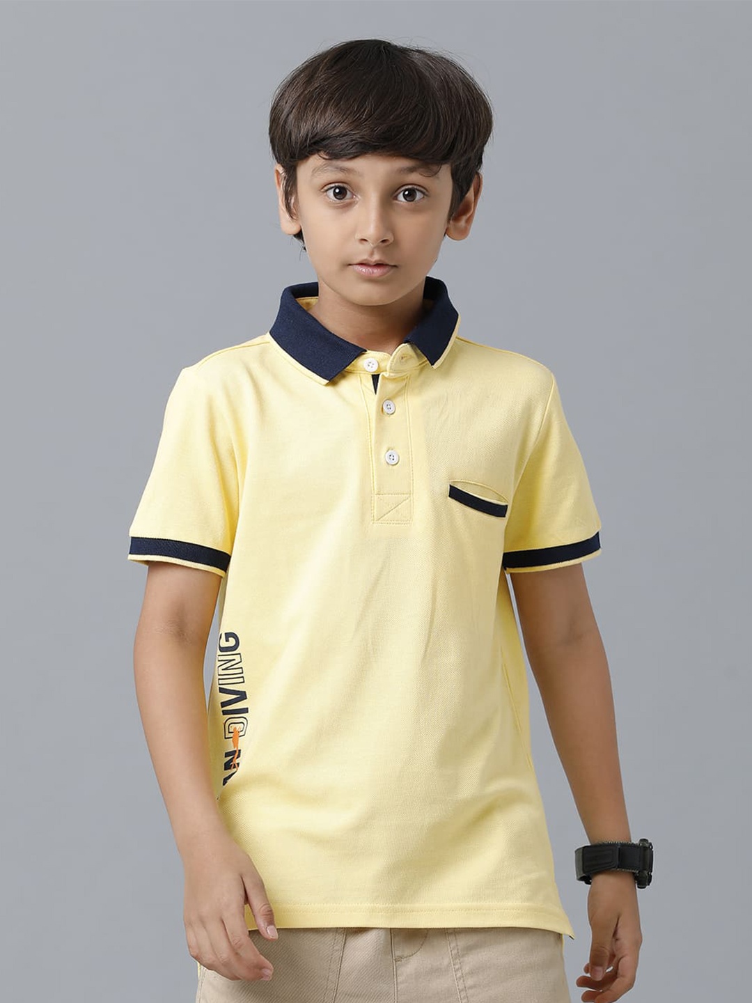

UNDER FOURTEEN ONLY Boys Typography Printed Polo Collar Cotton T-shirt, Yellow