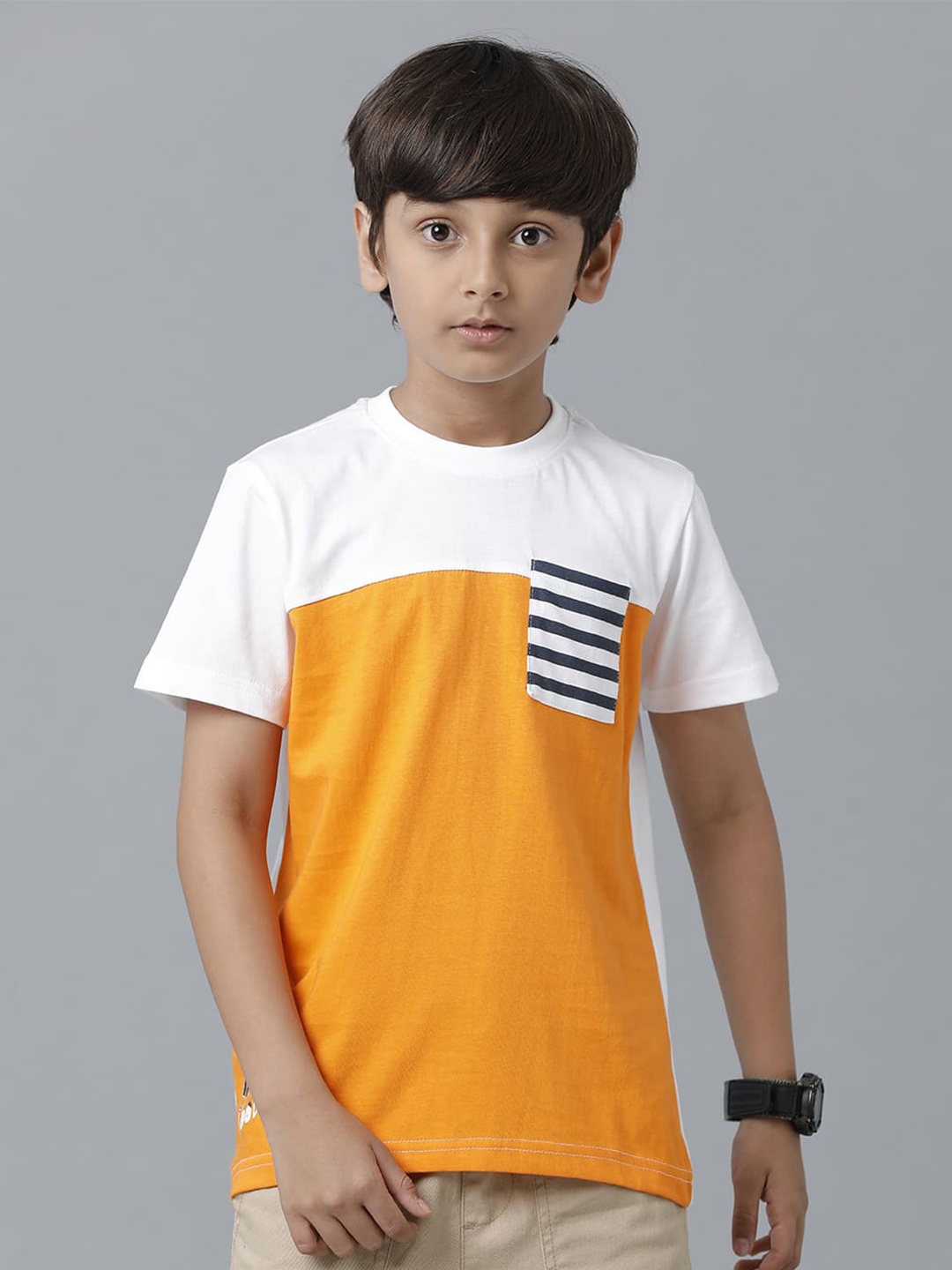 

UNDER FOURTEEN ONLY Boys Colourblocked Pocket Detail Cotton T-shirt, Orange