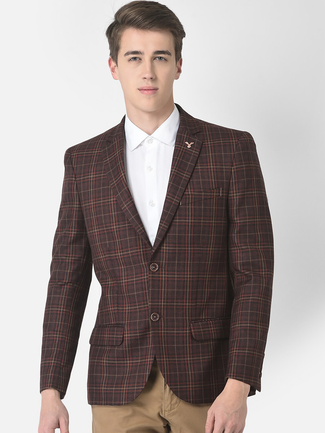 

Crimsoune Club Men Checked Single-Breasted Formal Blazer, Brown