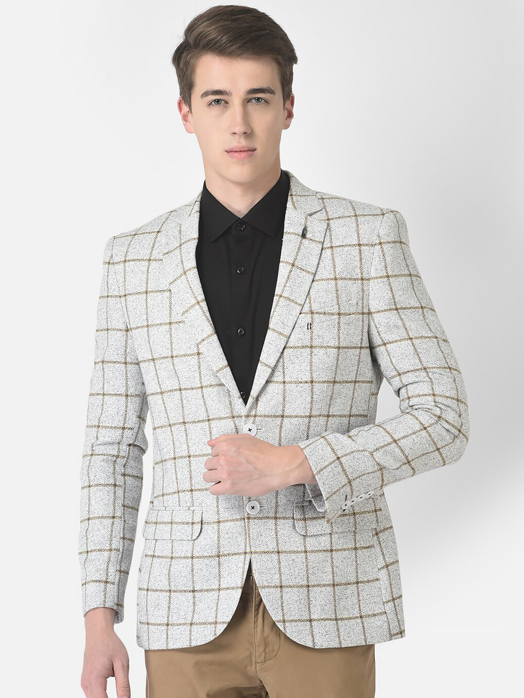 

Crimsoune Club Men Checked Single Breasted Blazer, Grey