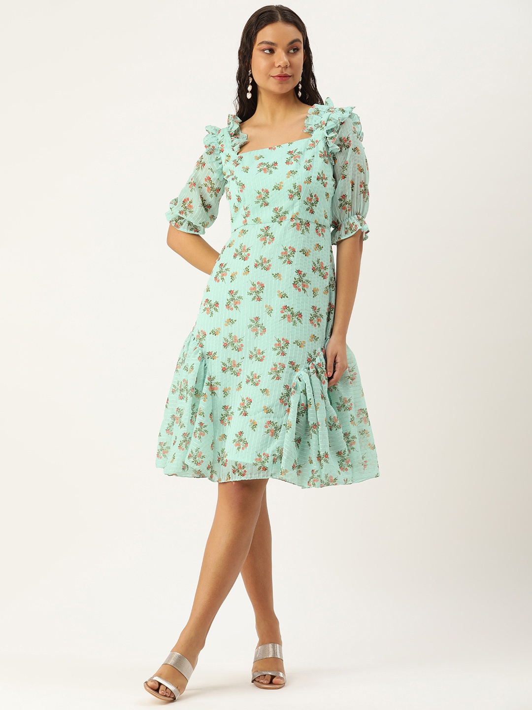 

Ethnovog Floral Print Puff Sleeves Georgette Tiered A-Line Dress, Sea green