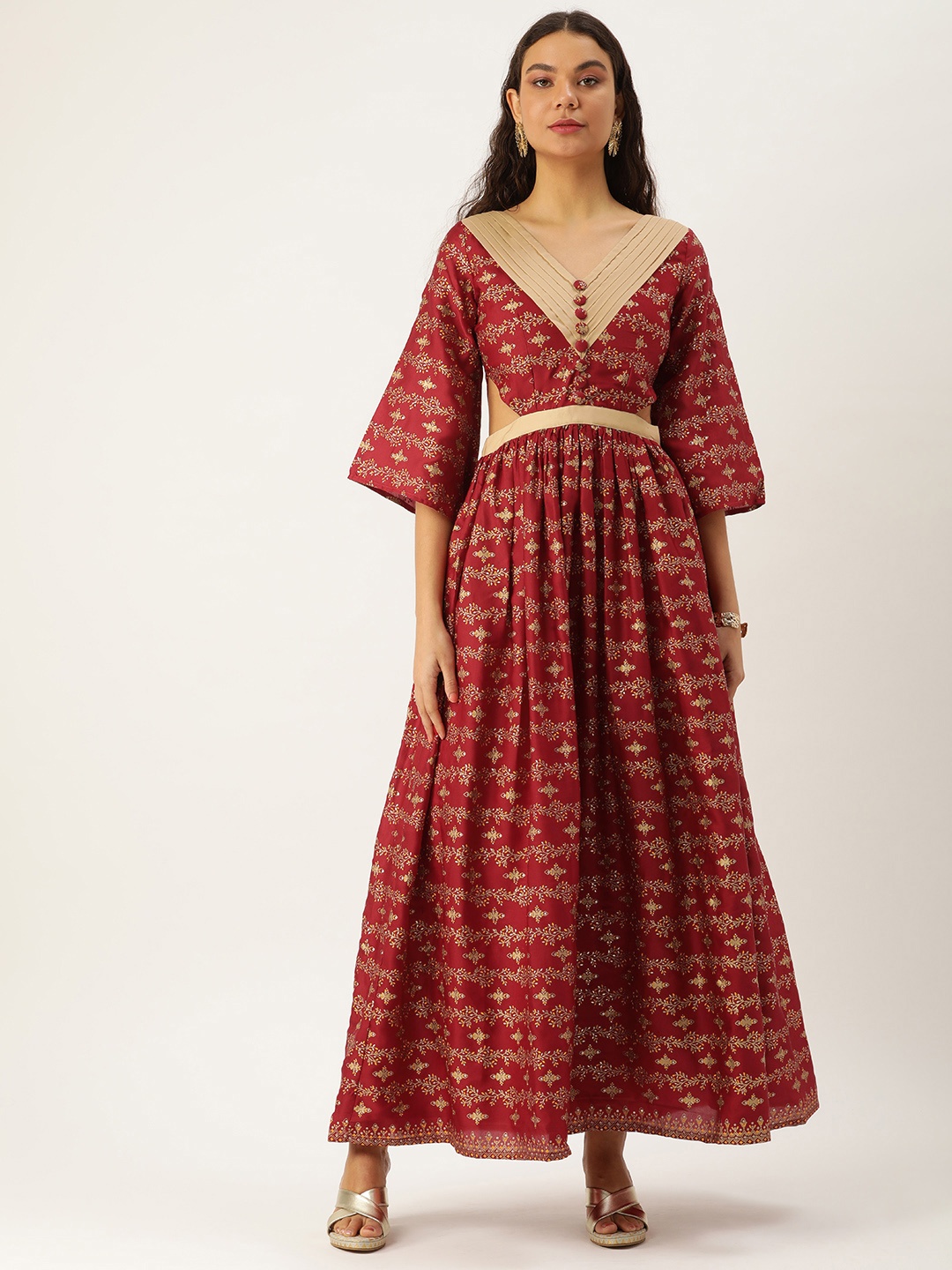 

Ethnovog Foil Printed Flared Sleeves Maxi Dress With Cut-Outs Detail, Maroon