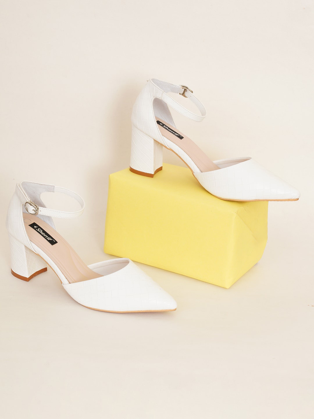 

Sherrif Shoes Block Heels with Buckles, White