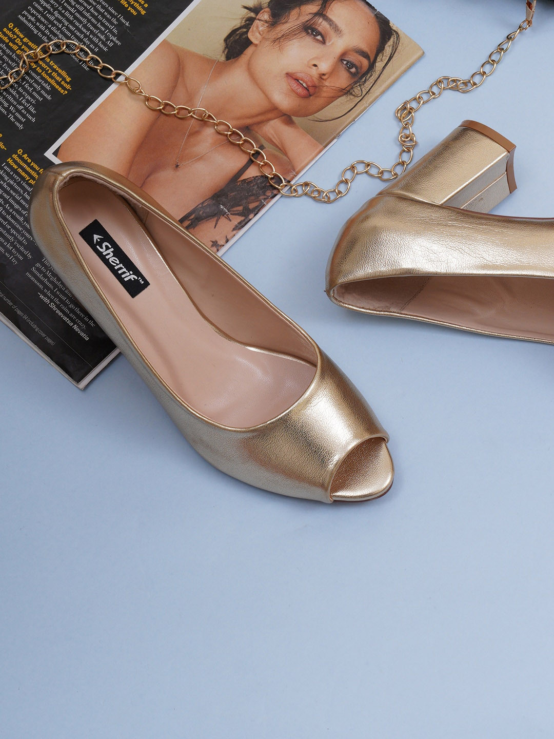 

Sherrif Shoes Women Block Peep Toes, Gold
