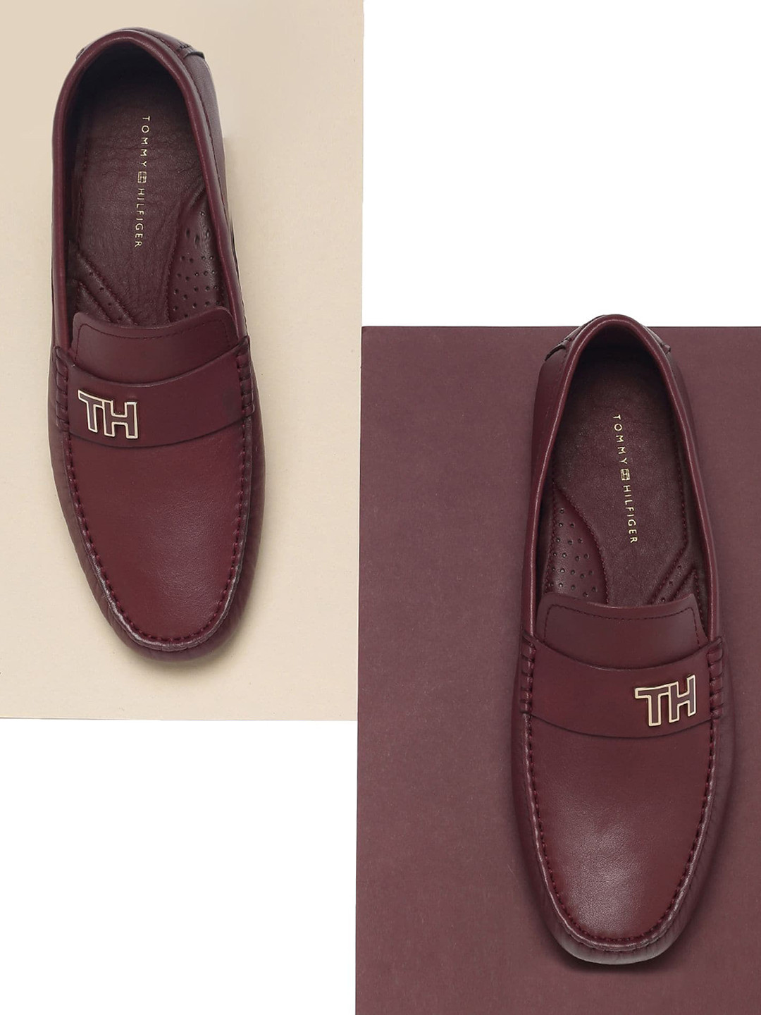 

Tommy Hilfiger Men Textured Leather Loafers, Red