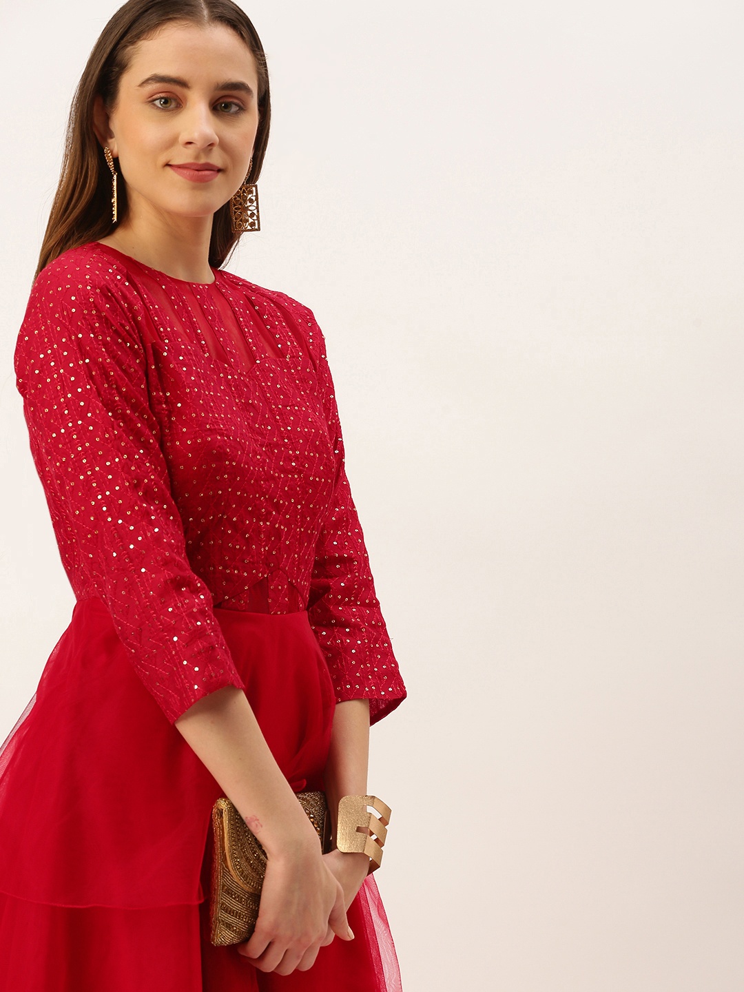 

Ethnovog Red Embellished Net Maxi Dress