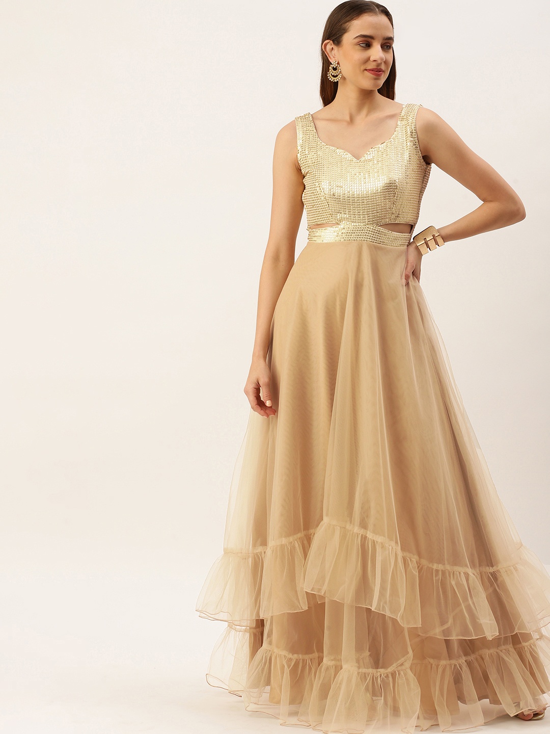 

Ethnovog Beige Embellished Net Maxi Dress