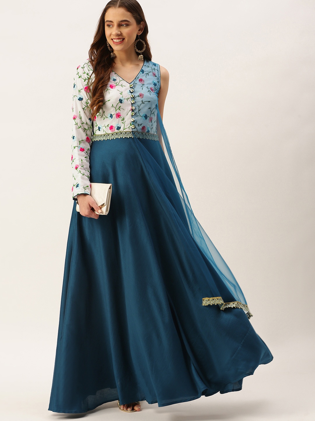 

Ethnovog Blue Floral Embroidered Ethnic Maxi Dress