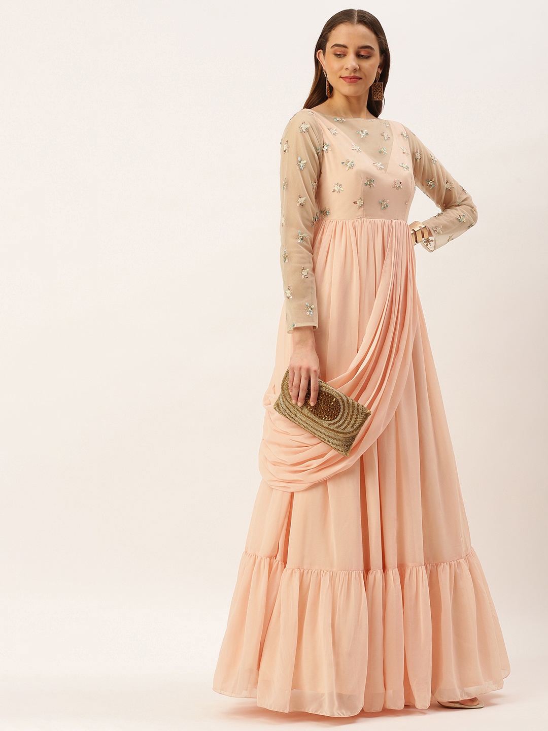 

Ethnovog Peach-Coloured Embellished Georgette Maxi Dress