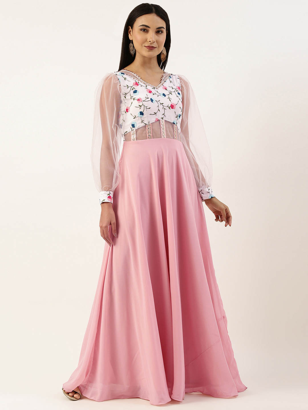 

Ethnovog Floral Embroidered Georgette Maxi Dress, Pink