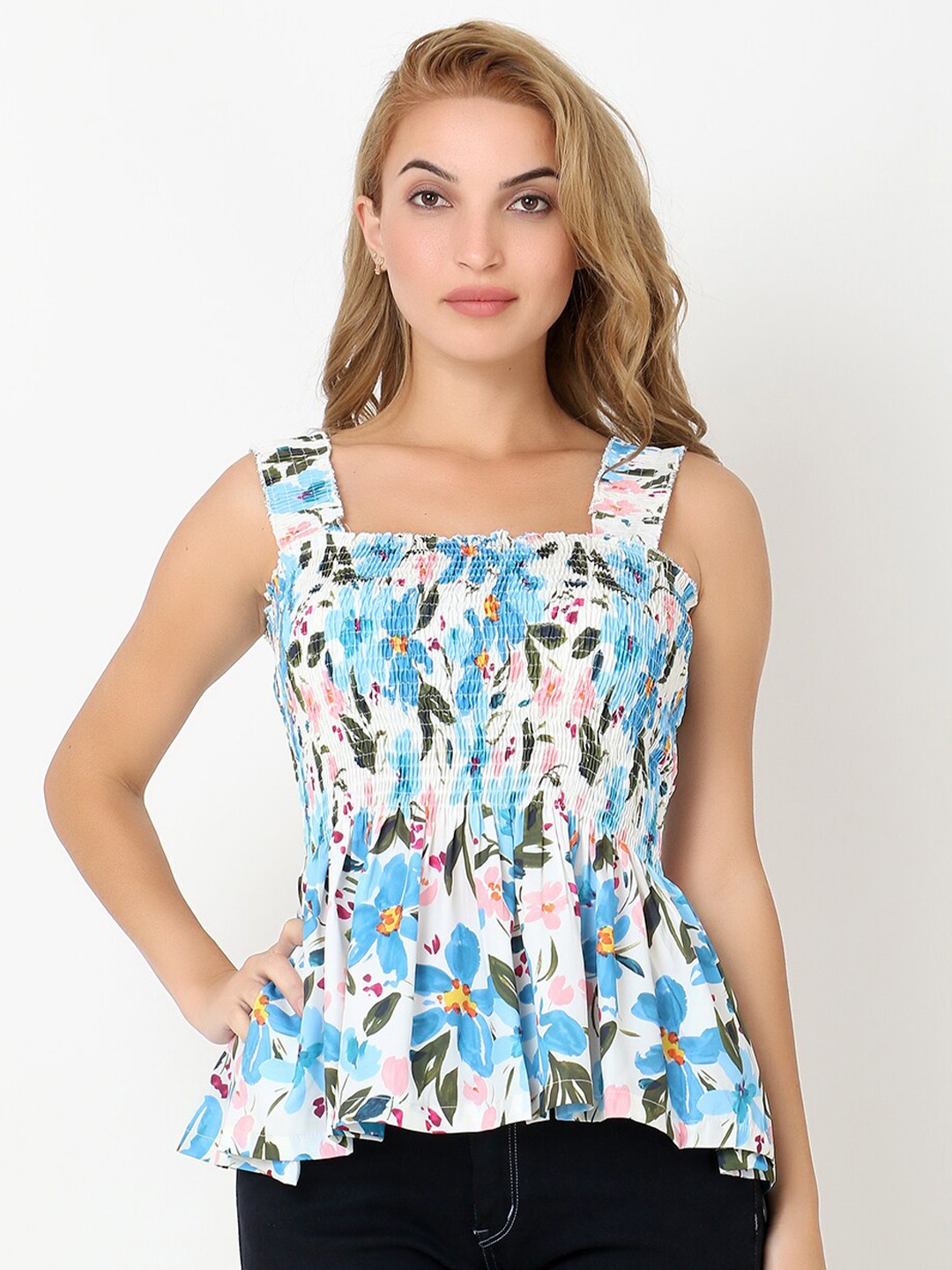 

Again fashions Floral Print Smocked Crepe Peplum Top, Blue