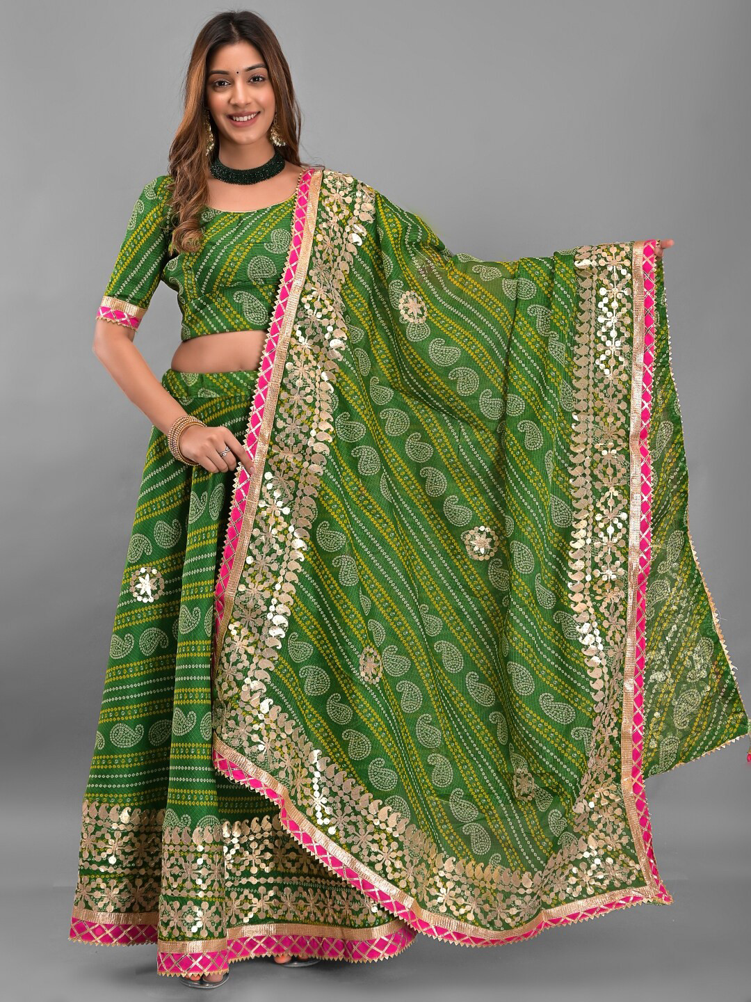 

Apratim Printed Ready to Wear Lehenga & Unstitched Blouse With Dupatta, Green