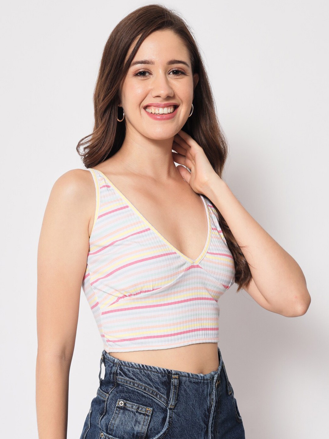 

CHARMGAL Striped Bralette Cotton Crop Top, Blue