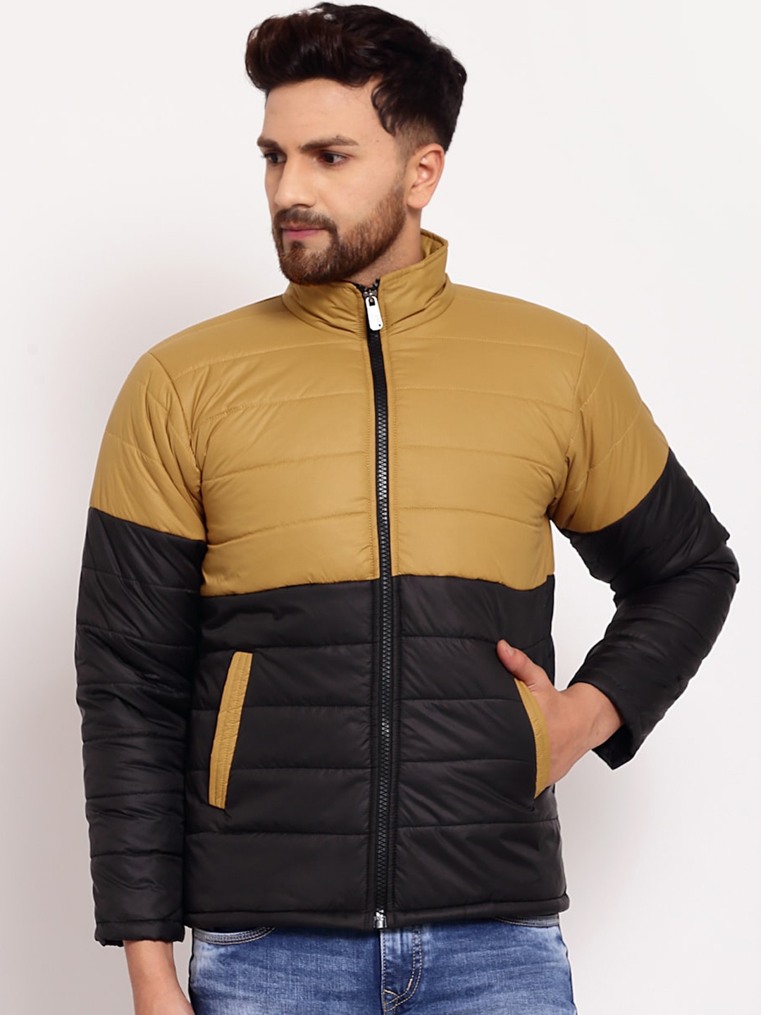 

KLOTTHE Men Colourblocked Nylon Water Resistant Padded Jacket, Mustard