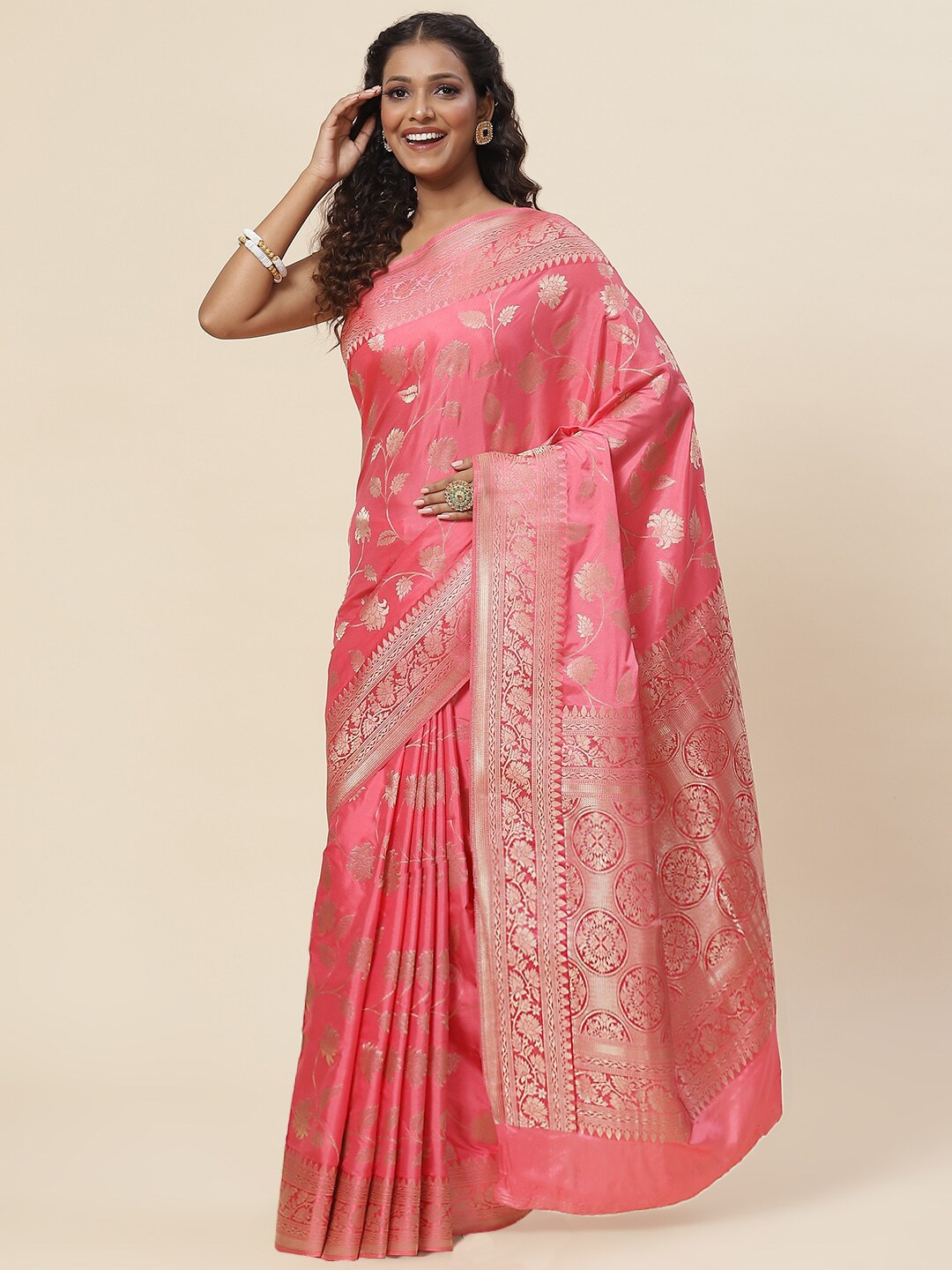 

Meena Bazaar Woven Design Zari Border Art Silk Saree, Peach