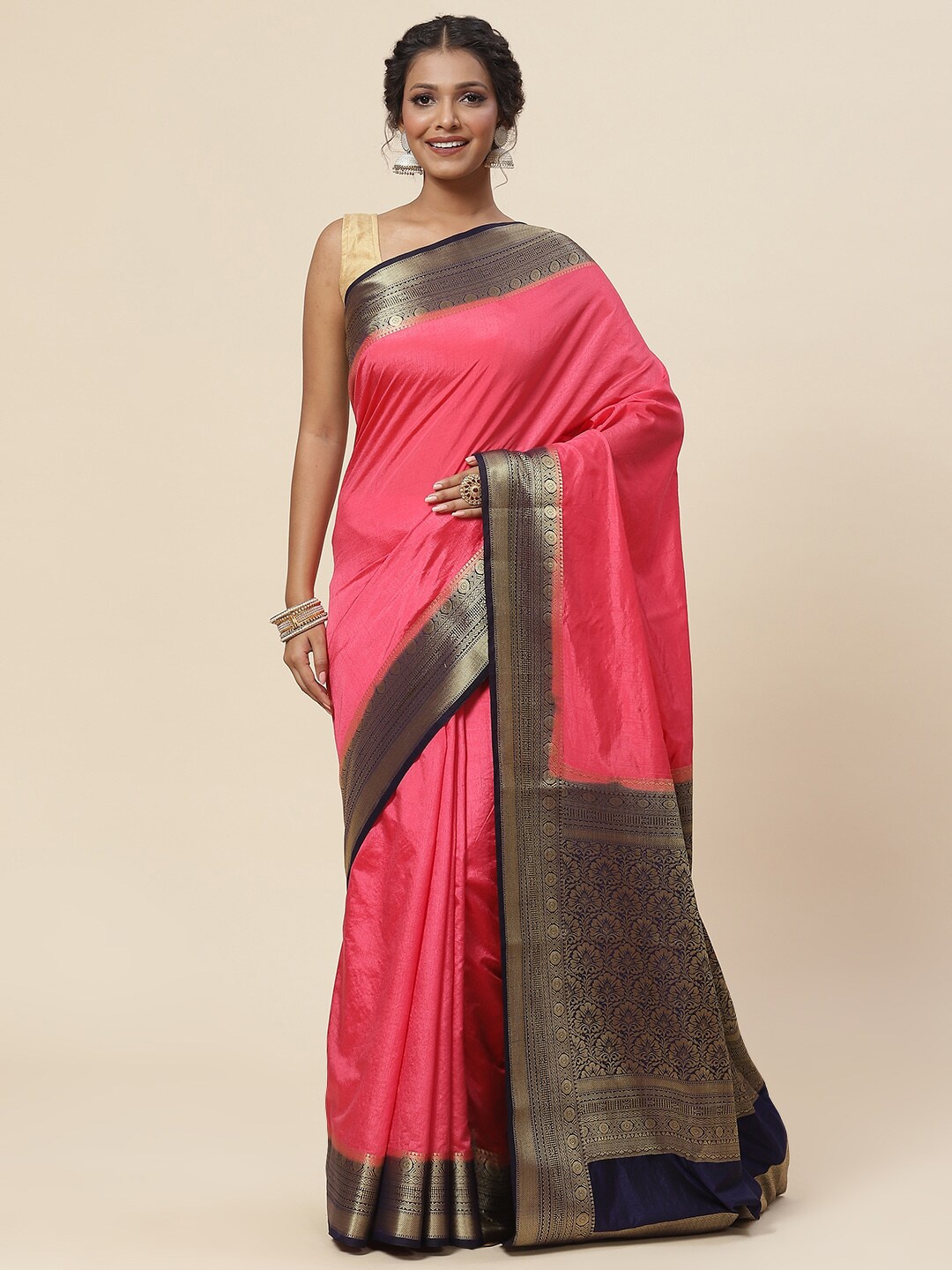 

Meena Bazaar Zari Border Art Silk Saree, Pink