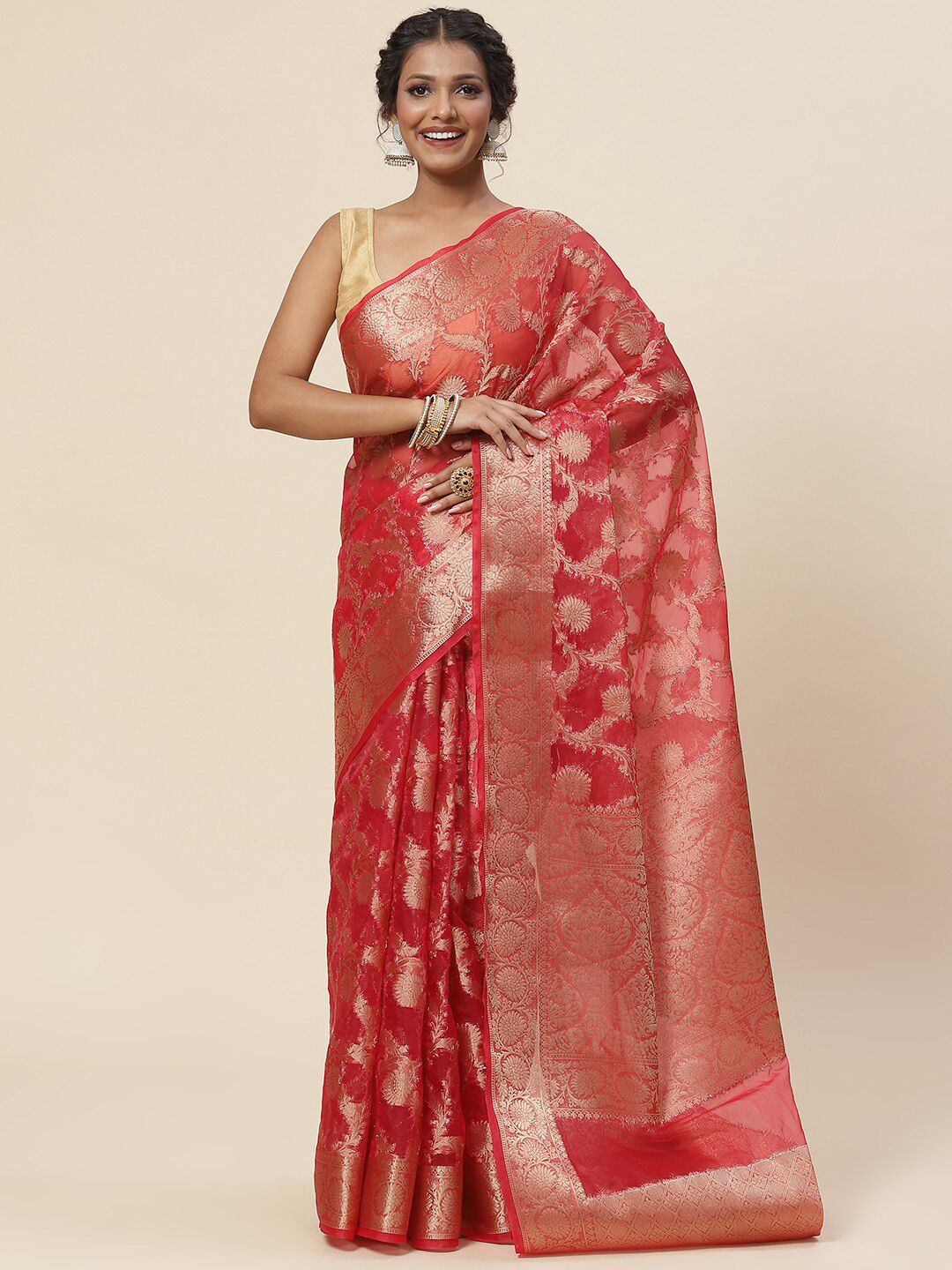 

Meena Bazaar Woven Design Zari Border Organza Saree, Rose