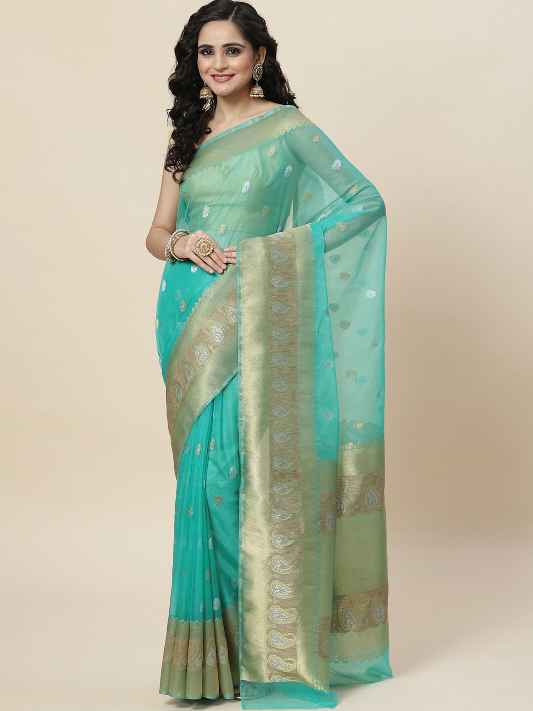 

Meena Bazaar Woven Design Zari Saree, Sea green