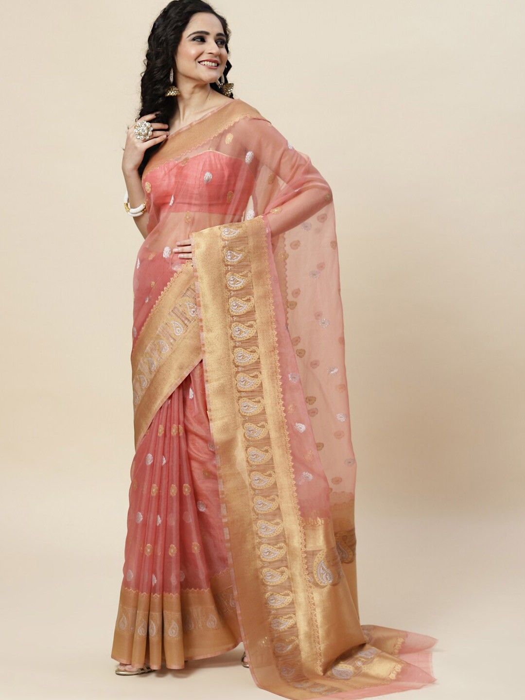 

Meena Bazaar Woven Design Zari Saree, Pink